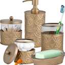 Autumn Alley Brushed Gold Bathroom Accessories Set, 5 Piece Champagne Gold Modern Bathroom Decor - Soap Dispenser, Toothbrush Holder, 2 Apothecary Jars, Soap Holder, Farmhouse Bathroom Dcor