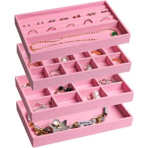 Frebeauty Jewelry Organizer Tray,Stackable Velvet Jewelry Trays,Drawer Inserts Earring Organizer For Women Jewelry Storage Display Case for Rings Stud Necklaces,Set of 4(Pink)