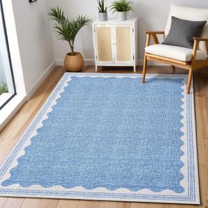 GarveeHome Scalloped 3x5 Area Rug Washable Non-Slip Low-Pile Indoor Rugs for Entryway Solid Blue Modern Minimalism Carpet for Bedroom Living Room Kitchen Bathroom Door Mat