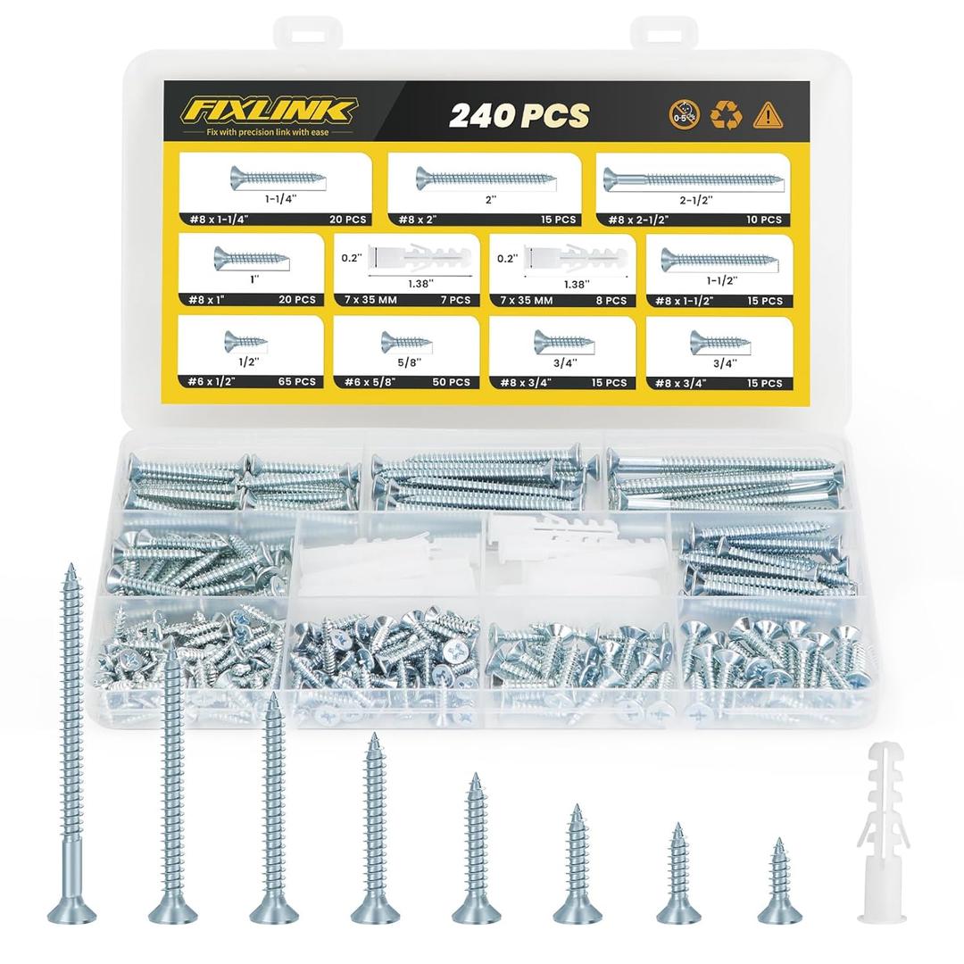 Wood Screws Assortment Kit, FIXLINK 240 PCS High Hardness Flat Head Wood Screws Set, Phillips Drive Assorted Screws, Contain 15PC Anchors and 8 Size (2-1/2,2,1-1/2,1-1/4,1,3/4,5/8,1/2), Zinc