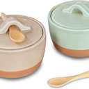 Mora Ceramic Salt and Pepper Cellar Set with Lid - 10 oz Modern Canister/Container/Bowl for Storage, Sea Salt, Spice, Sugar, Countertop - Small Dish/Jar with Wood Spoon, Matcha & Chai Crock, 2 Pack