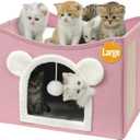 Cat House Cat Beds for Indoor Cats Large Foldable Multifunction Cat Cave for Pet with Hover Ball and Scratching Board(Pink, Large Cat House)