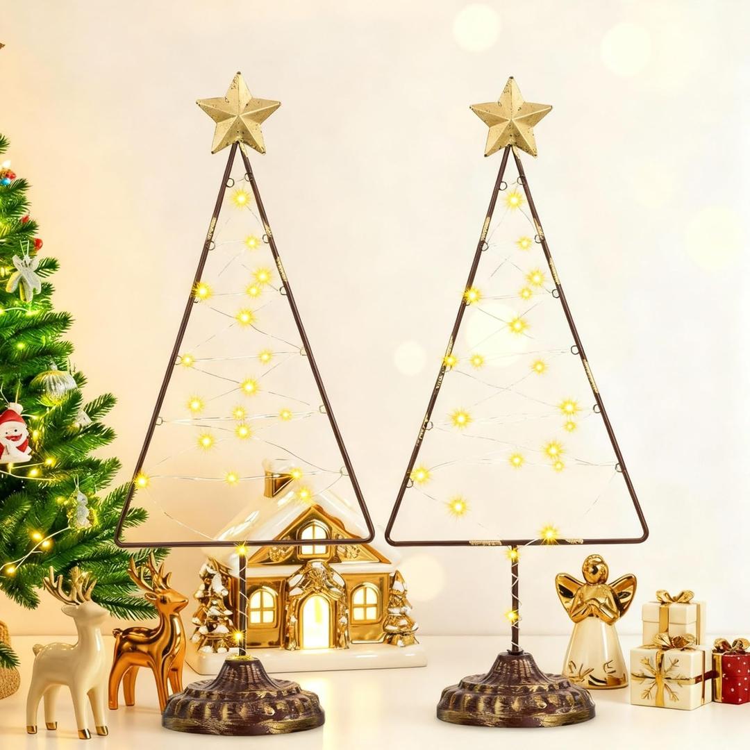 Set of 2 Lighted Christmas Tree Table Decoration with Golden Star Battery Operated Tabletop Prelit Mini Xmas Tree with LED Light up Desk Ornament for Home Mantel(Triangle,Antique Bronze)