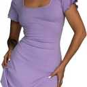 MiiVoo Women's Short/Long Sleeve Casual Mini Dress Square Neck Stretchy Bodycon Party Club Short Dresses (Medium)