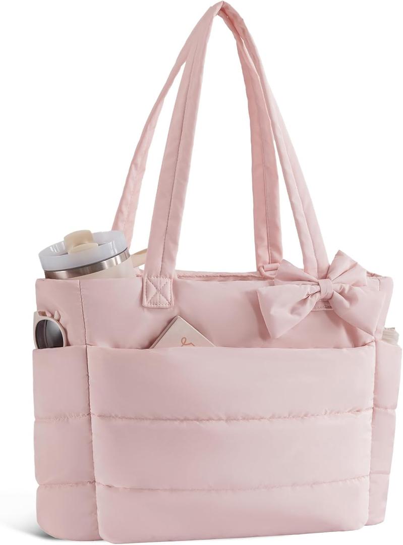 Puffer Tote Bag for Women, Quilted Bow Tote Bag with Cup Holder & 15.6 In Laptop Compartment for Work, Travel, Gym, College