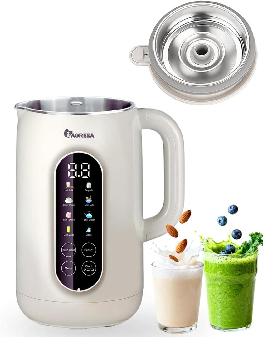 IAGREEA 10-in-1 Nut Milk Maker Machine 304 Stainless Steel Lid BPA Free, 35oz Soy Milk Maker for Homemade Milkshake/Nut/Oat/Plant-Based Drink, 10 Blades Blenders with Delay Start/Boil Water/Self Clean
