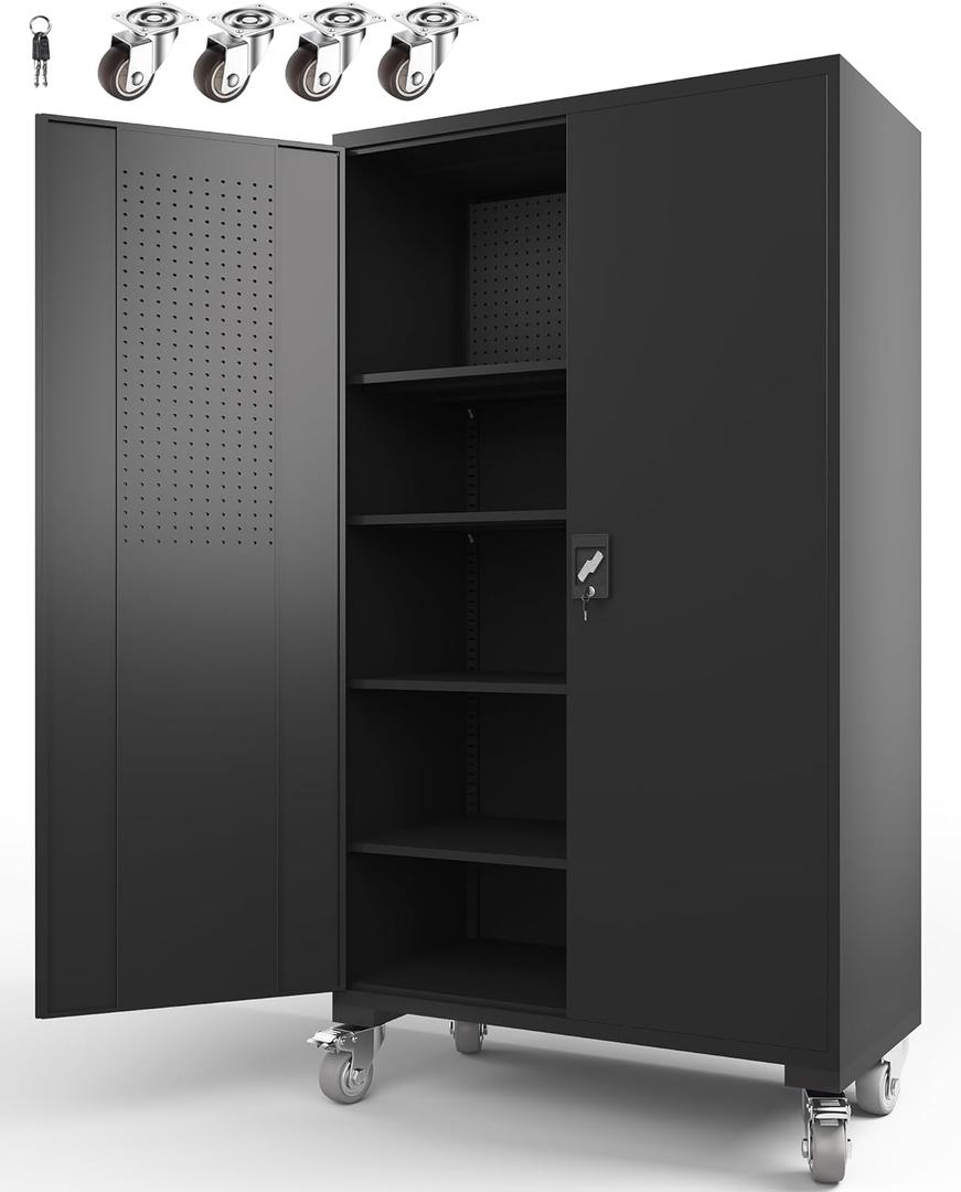 Large Metal Cabinet Two Lockable Doors Four Wheels,Four Adjustable Dividers Can Be Used As Tool File Storage Suitable For Garages Schools Gyms Offices (Black)