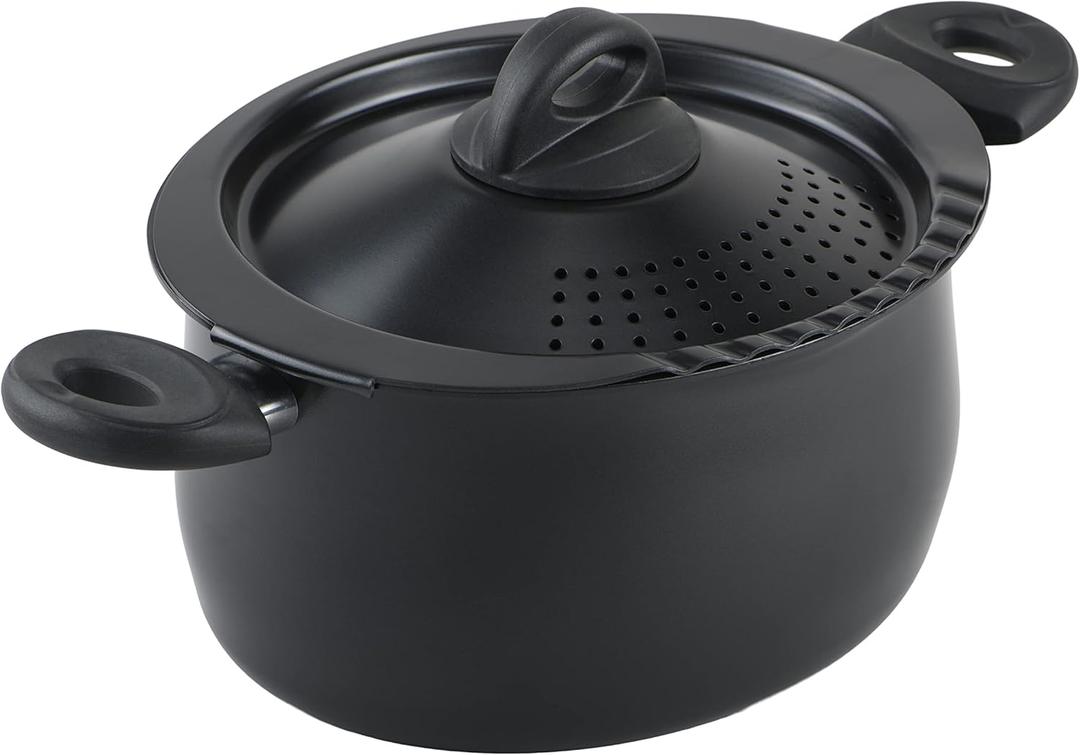 Bialetti 5.5-Quart Nonstick Aluminum Pasta Pot with Strainer Lid and Handles, PFOA-Free Nonstick Oval Cooking Pot and Lid, Black