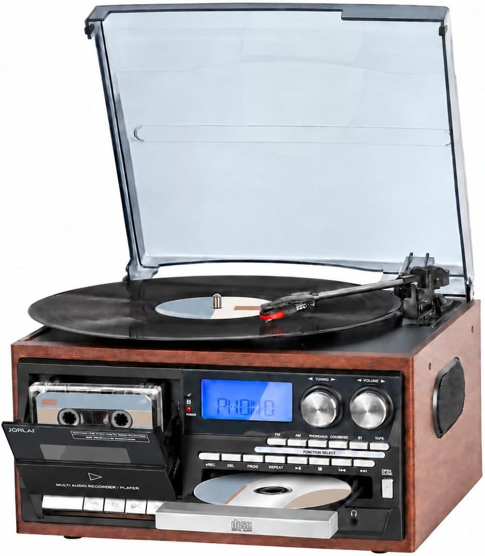 Multi-Format 9-in-1 Record Player for Bedroom and Study, 3-Speed Turntable with Bluetooth Input, CD/Cassette, USB/SD, AM/FM Radio, Built-in Speakers, RCA Line Out, Headphone Jack, Remote, Light Brown