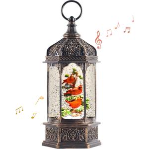 12.8" Christmas Snow Globe Lantern Christmas Decorations Indoor with Swirling Glitter Three Cardinals in The Tree, Lighted Musical Snow Globes for Home Decoration USB Powered or Battery Operated
