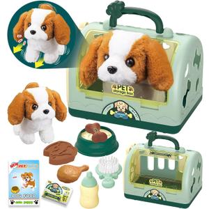 TEUVO Pet Care Play Set Robot Dog Toys for Kids, 12Pcs Kids Pretend Play Feeding Walk Bark Puppy Pet Toys with Interactive Electric Dog Plush & Cage, Xmas Gifts for Girls Toddlers 3 4 5 6 7 Years Old