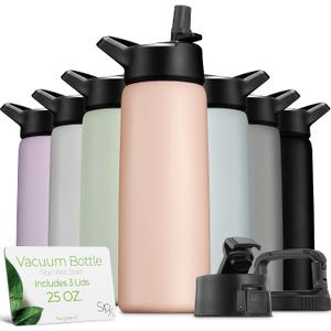 SipX Triple-Insulated Stainless Steel Water Bottle 25oz. With 3 Lids, BPA-Free Reusable Insulated Water Bottle Keeps Cold 24 Hours, Metal Water Bottle Made Of Sustainable Material For Hiking & Biking (Peach)