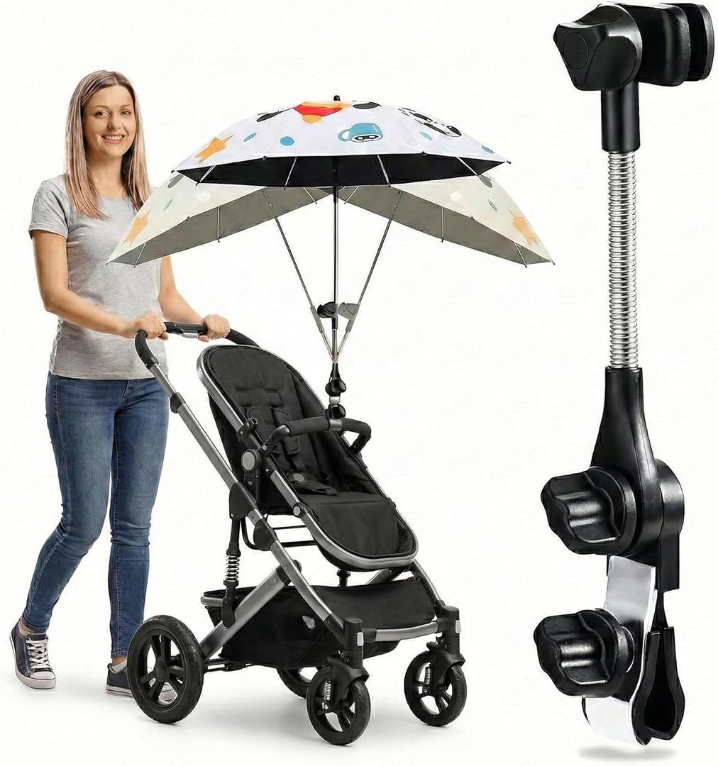Universal 360 Adjustable Stroller Umbrella Attachment, Umbrella Holder for Chairs, Bikes & Wheelchairs - Clamp Fits 0.6-1.2in Handles, Beach Camping Gear