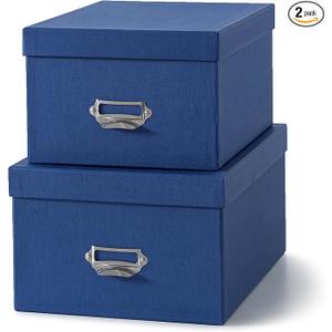 Soul & Lane Blue Decorative Cardboard Storage Boxes with Lids, Set of 2 Stacking Keepsake Photo and Memory Boxes for Home & Office, Elegant Paperboard Organizers with Label Holders and Drawer Pulls