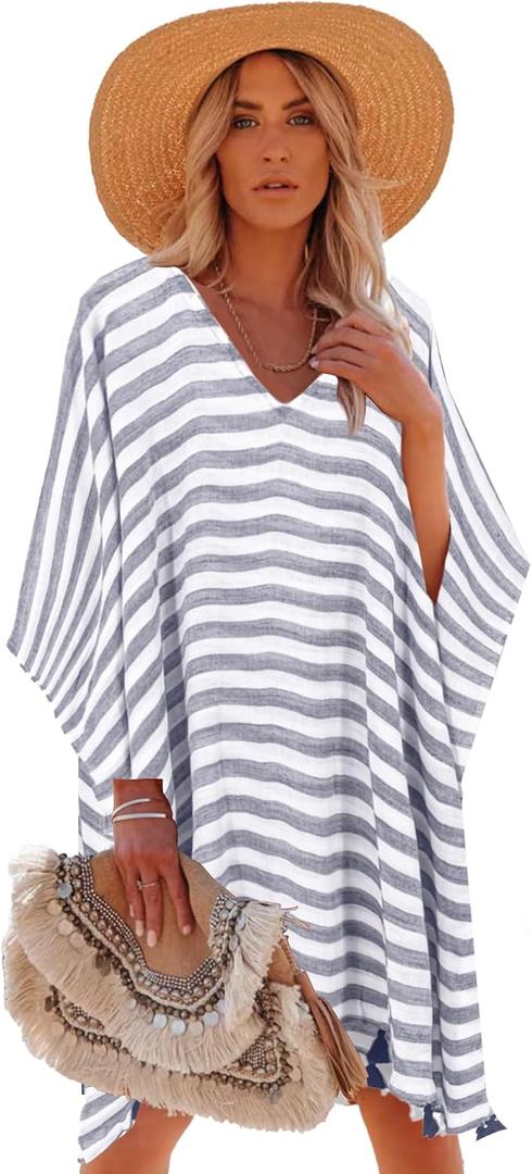 Moss Rose Women's Swimsuit Cover up Beach Kaftan for Bathing Suit with Floral Pattern (Black&white)