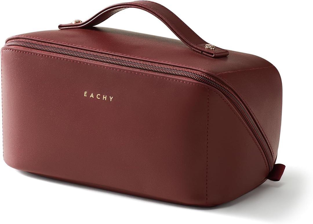 EACHY Travel Makeup Bag, Large Capacity Cosmetic Bag for Women, Waterproof PU Leather, Flat Open Portable Toiletry Bag for Skincare, Brushes & Travel Essentials (Medium)