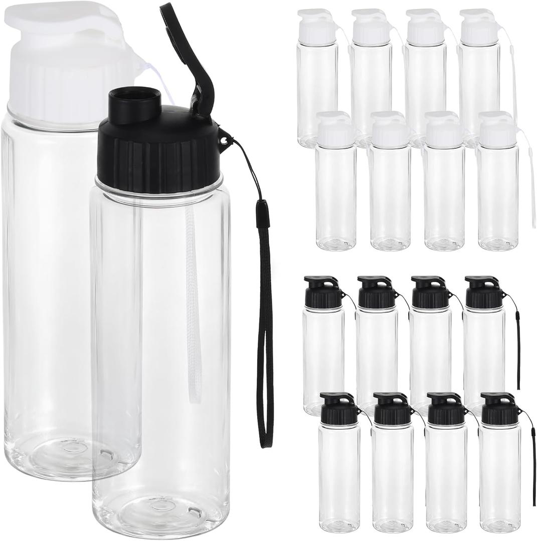 16 Pack Plastic Water Bottles Bulk with Handle Strap, 17oz Sports Water Bottles Reusable Drinking Cups Lightweight Leakproof Flip Top Bottle for Adults Gym Fitness Sports (White & Black)