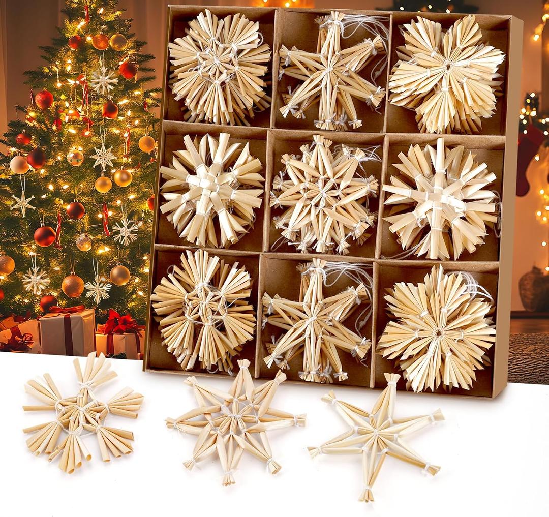 45PCS Straw Star Snowflake Ornaments Set, Scandinavian Christmas Decorations, Denmark Norway Nordic Straw Snowflake Ornaments for Christmas Tree, Wreath, Garland Decor