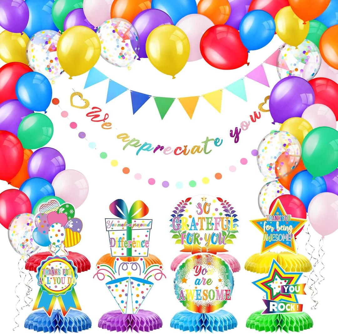We Appreciate You Decorations Employee Appreciation Thank You Banner Triangle Flag Heart Banner 3D Table Honeycomb Centerpieces Balloons for Farewell Retirement Going Away Party(Multicolor)