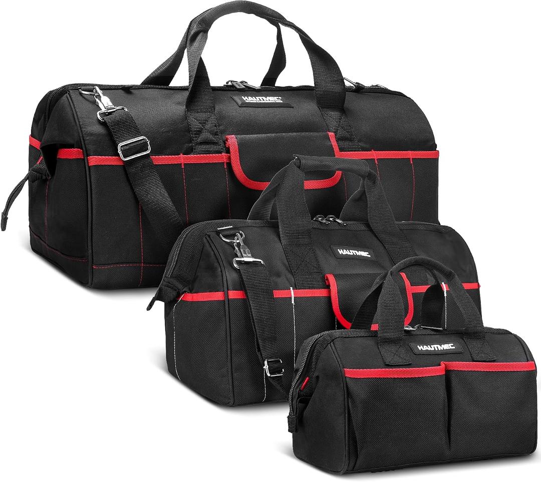 HAUTMEC 3-Piece Large Tool Bag Set (12 / 18 / 24), Heavy-Duty 1680D Wide Mouth Tool Bag with Metal Frame, Foldable Tool Tote Bag with Non-Slip Base, Double Zippers & Padded Shoulder Strap HT0297