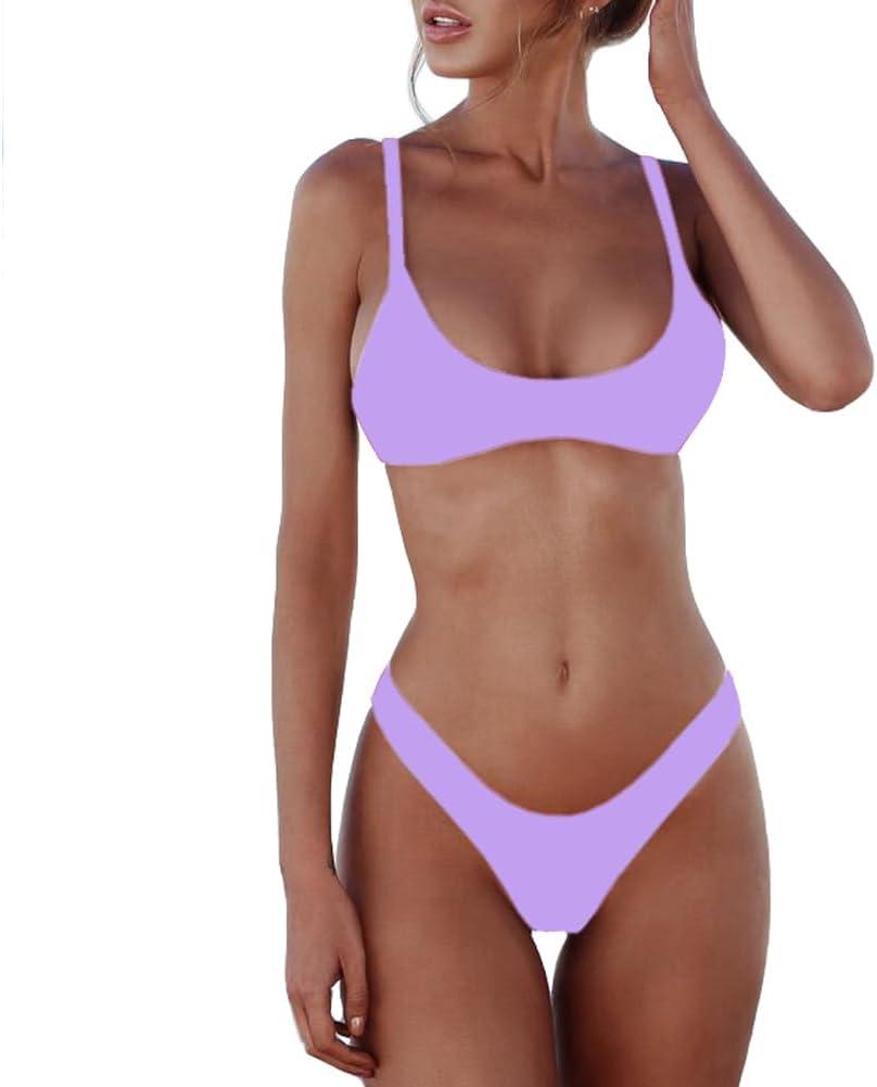 SherryDC Women's Solid Scoop Neck Push Up Padded Brazilian Thong Bikini Swimsuit Bathing Suit (Purple, M)