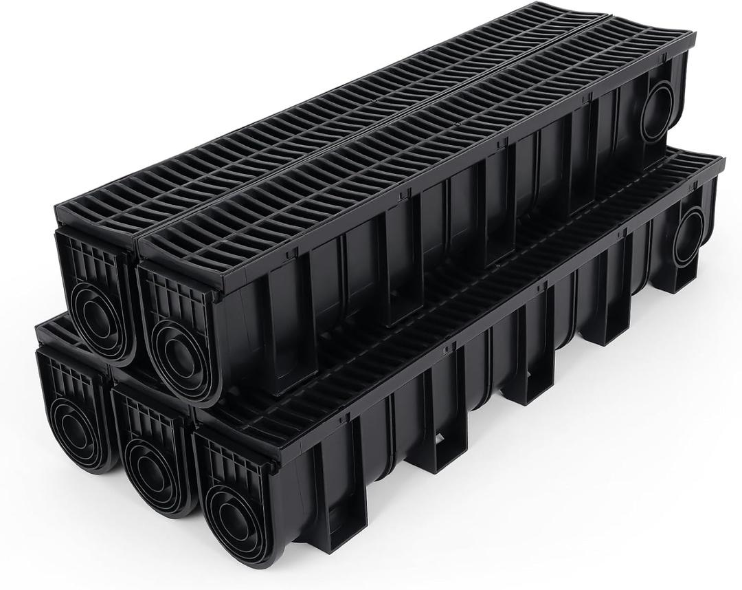 FAHKNS 5 Pack Trench Drain System, 5.9x7.5x39 Inch HDPE Drainage Trench,Black Driveway Trench Drain, Drainage Channel for Vehicle Passages, Patios, Garden Paths,Pool
