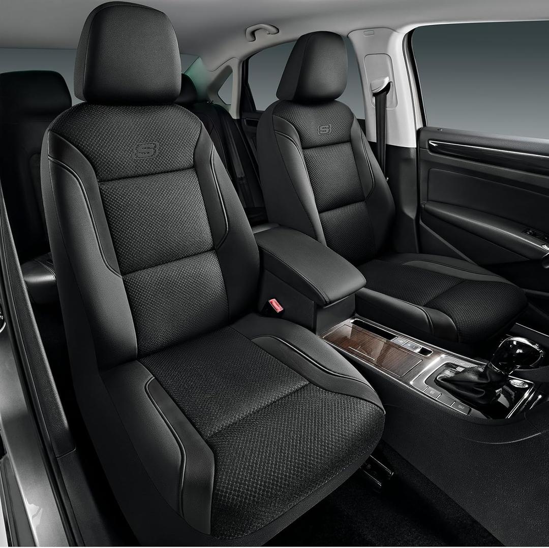 Skechers Memory Foam Leather Car Seat Covers, Air Cool Mesh Thick Seat Covers, Two Front car seat Protector, Airbag Compatible, Automotive Comfort Protection for Most Cars, Vans, Trucks, SUV (Black) (Black and Black)