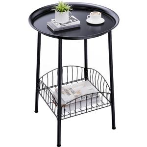 Small Outdoor Side Table, 2-Tier Round Metal Patio Table, Accent Table Waterproof, Weather Resistant End Table for Yard Porch Pool Balcony Garden Bedside (Black), 16x16x22 Inches