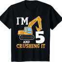 Kids Five 5yr 5th Birthday Digger Boy Construction 5 Years Old T-Shirt XS
