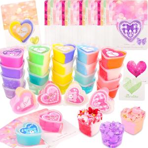24 Pack Valentines Day Gift Cards, Butter Cloud Clear Galaxy Slime, Stress Relief Fidget Toy for Kids Valentine Party Favors, Classroom Exchange Prizes, Valentines Greeting Cards