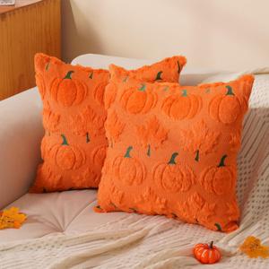Fall Pillow Covers 18"x18" Set of 2 Orange Pumpkin Soft Faux Fur Pillow Covers Maple Leaf Fall Pillows for Sofa Couch Bed, Fluffy Plush Pillow Cases for Autumn Thanksgiving Farmhouse Home Dcor