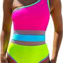 popvil Women's Sexy One Shoulder One Piece Bathing Suits Neon Color Block Swimsuits Slimming Mesh Swimwear, Size S