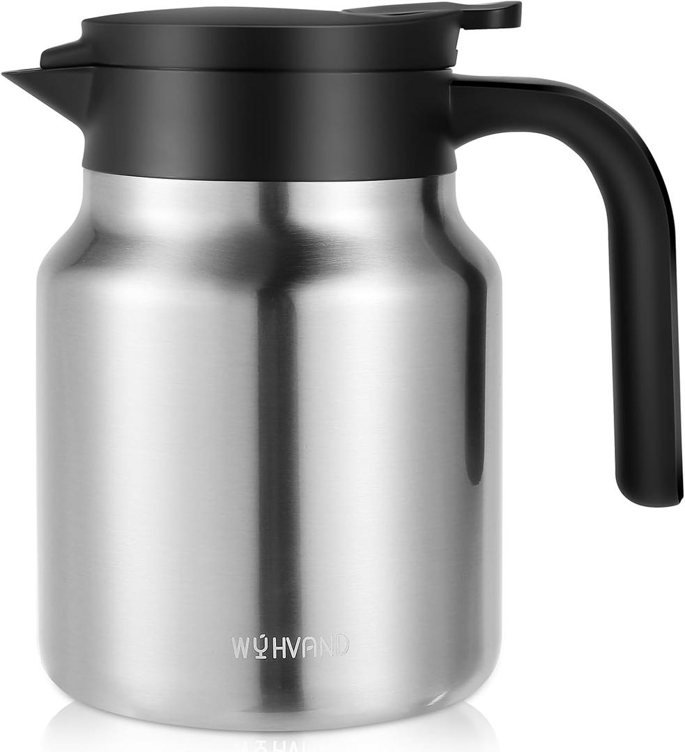 34oz Thermal Coffee Carafe for Home & Office, 12H Hot Insulated Pitcher with Drip-Free V-Spout and Easy Clean 2.75" Wide Mouth, Silver