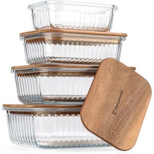 Set of 4 Stackable Space-Saving Nesting Glass Bowls with Airtight Acacia Lids for Lunch, Meal & Food Prep - Microwave & Oven-ready BPA Free Durable Heat Resistant Inert Borosilicate Glass
