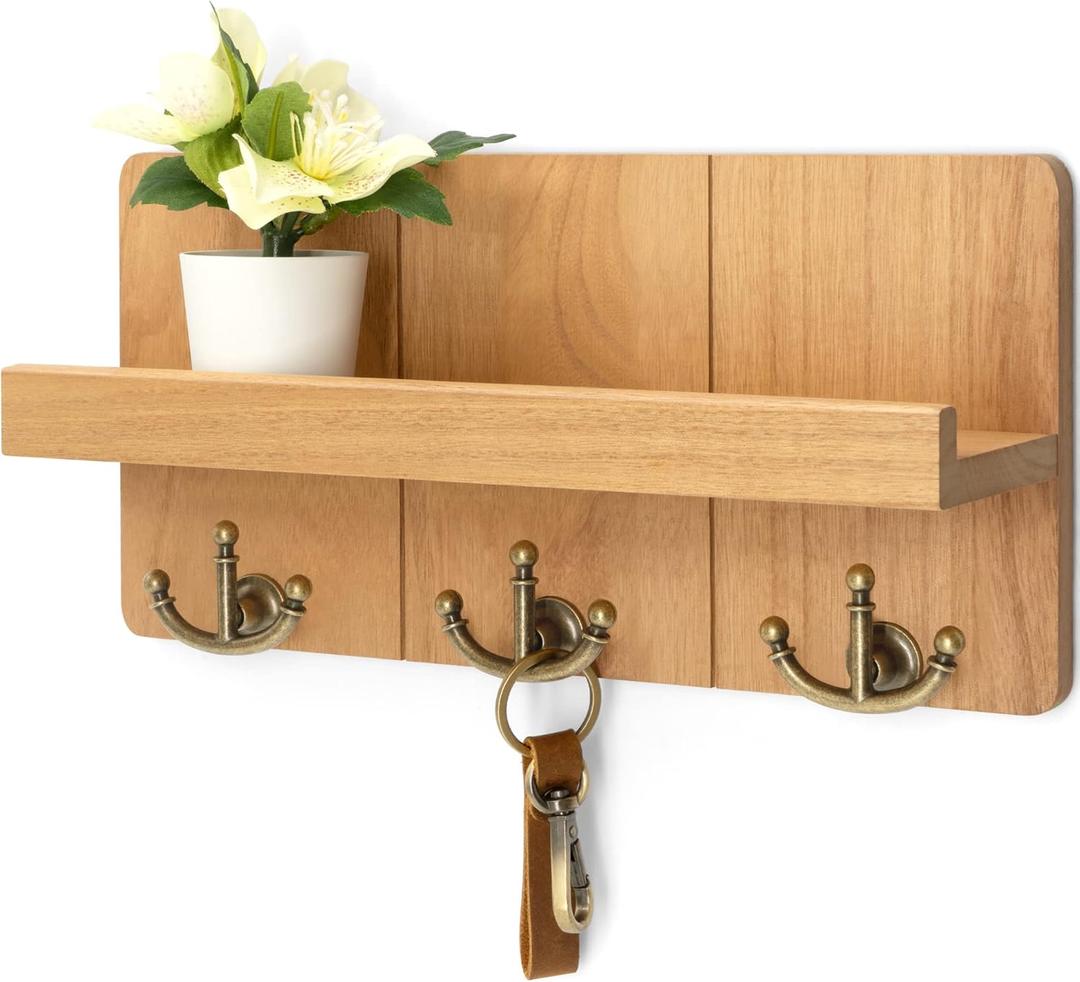 Rebee Vision Farmhouse Key Holder for Wall: Decorative Small Mail Organizer with Shelf and Rustic Mail Holder with 3 Anchor Key Hooks - Retro Home Decor Wall Mount for Entryway, Hallway (Light Brown)