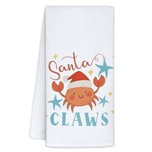Yhtrg Coastal Christmas Santa Crab Kitchen Towels 16x24 Inch, Christmas Beach Hand Towels for Bathroom Decorative, Nautical Xmas Dish Tea Towel for Kitchen Decor