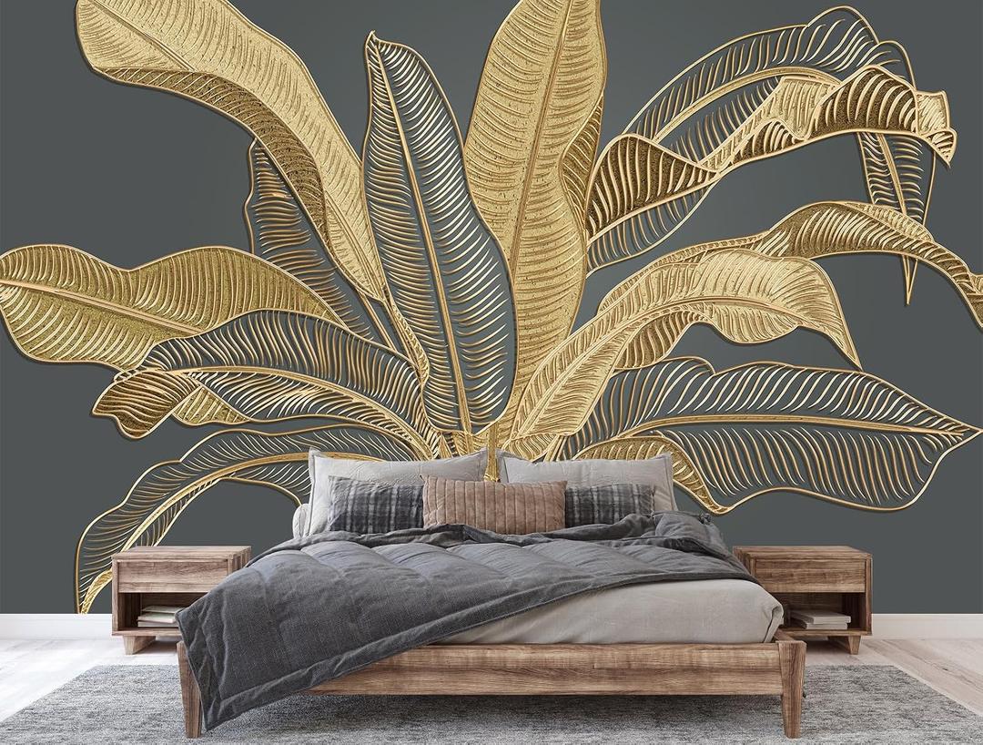 Jdayda Large Banana Leaf Peel and Stick Wallpaper on Gray Background