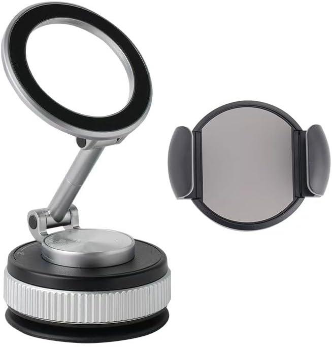 [Newly Upgraded] Metal Magnetic Car Phone Holder | Dual Insurance of Vacuum + Adhesive | 360 Rotation Without Dead Angle | Magnetic Ring Included(for iPhone & Android) (Gray+Clip)