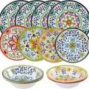 12 pcs Talavera Melamine Dinnerware Set, Service for 4 Melamine Plates and Bowls Set, Unbreakable Dishes Dinnerware Set, Great for RVs, Camping, BPA Free and Dishwasher Safe