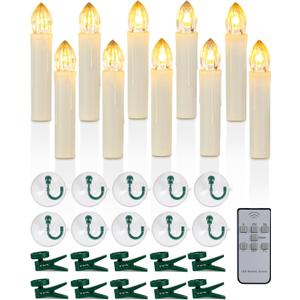 Raycare 10PCS LED Flameless Window Candles with Remote Timer, Flameless Taper Candles Light Battery Operated, Flickering Warm White Light with Clips/Suction Cups for Christmas Halloween