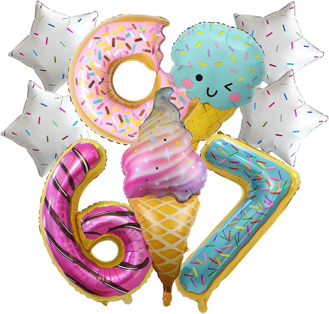 6 7 Foil Balloon 6 7 Birthday Decorations 9 Pcs Ice Cream Balloons Six Seven Donut Party Supplies for Birthday Kids Girls Baby Shower Decorations