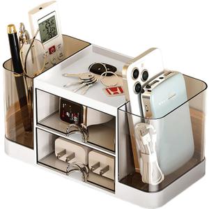 Desk Organizer with Pen Holder and 2 Drawers, Office Organizer, Desktop Organizer for Desk, Office, School, Home (White)