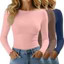Huukeay 3 Pack Women's Long Sleeve Tops Lettuce Trim Boat Neck Shirts Slim Fit Casual Basic Fitted Tees (Medium, Haze Blue, Cappuccino, Pink)