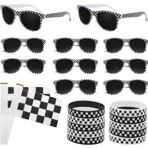 30 Packs Race Car Sunglasses Wristbands Stick Flags for Racing Theme Party Favors Set Race Car Checkered Sunglasses Black and White Silicone Bracelets Flags for Kids Racing Birthday Gifts Supplies