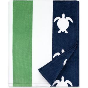 cabanana Large Beach Towel Oversized - Cotton Velour 35 x 70 Inch Sea Turtle Striped Terry Pool Towel, Cabana Soft Swimming Towel for Adults Women Men (Navy Feldspar)