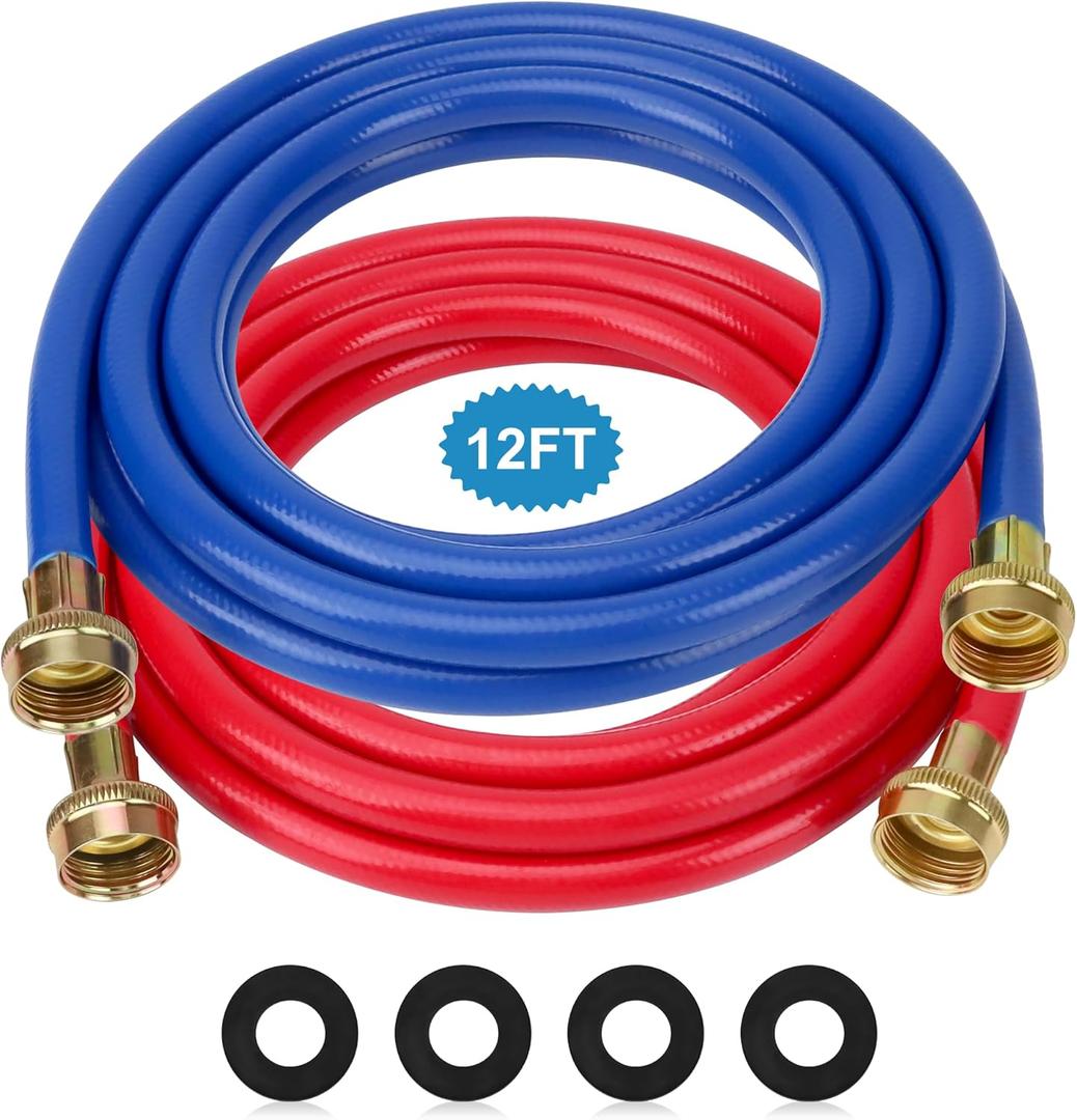 Washer Hose 12 Ft/12FT Rubber Washing Machine Hoses,Washer and Dryer Hose 3/4 Connection Supply Lines for Hot and Cold Water Washer Hoses-by MIFLUS,Universal Washing Machine Hose (2 Packs)