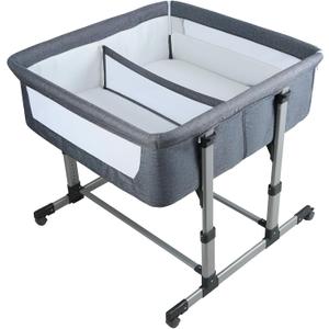 Twin Bassinet for 2 Babies, 6-Height Adjustable Bedside Attaches to Adult Bed, Inclined Crib to Reduce Spit-Up, Holds 88lbs with Wheels, Tool-Free Setup,Removable Mattress (Dark Gray)