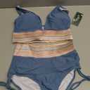 Blooming Jelly Women High Waisted Bikini Sets Tummy Control Swimsuits Color Block Two Piece Drawstring Bathing Suit (Small, Haze Blue)