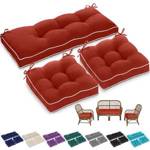 Wenqik 44 x 19 x 4 Inch Outdoor Bench Cushion Set of 3 Waterproof Tufted 1 Patio Loveseat Cushions and 2 Square Chair Seat Pad for Outdoor Furniture Couch Swing Sofa Wicker Settee(Wine Red)