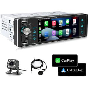 Single Din Car Stereo Compatible Single Din Carplay Android Auto, 5.1 Inch METEESER Bluetooth Car Stereo with Backup Camera, 1 Din Touchscreen Radio Support FM/Mirror Link/SWC/USB/DVR/AUX-in